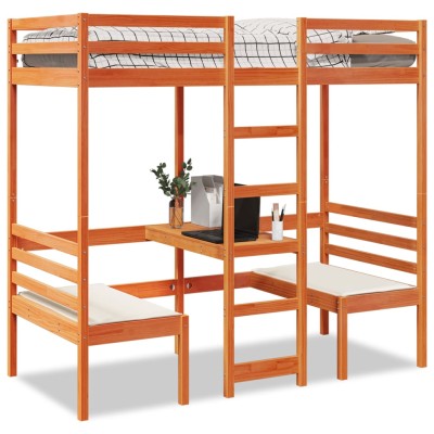 Cama alta escritorio y asientos madera maciza marrón 90x190 cm