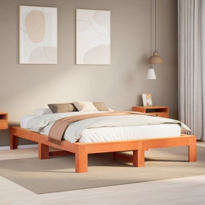 Cama sin colchón madera maciza de pino marrón cera 140x190 cm
