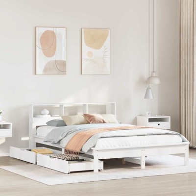 Cama con estantería sin colchón madera maciza blanca 150x200 cm
