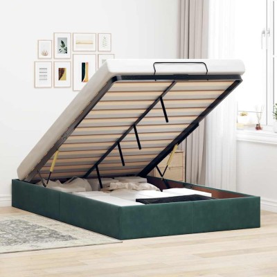 Estructura de cama otomana sin colchón terciopelo verde oscuro
