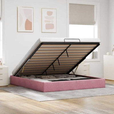 Estructura cama otomana sin colchón terciopelo rosa 160x200 cm