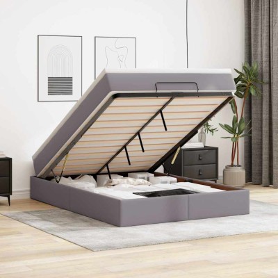Estructura cama otomana colchón cuero sintético gris 140x200cm