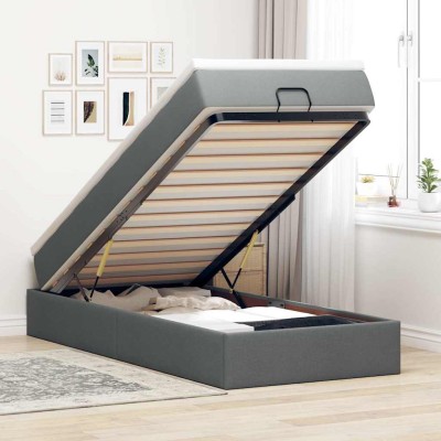 Estructura cama otomana colchón tela gris oscuro