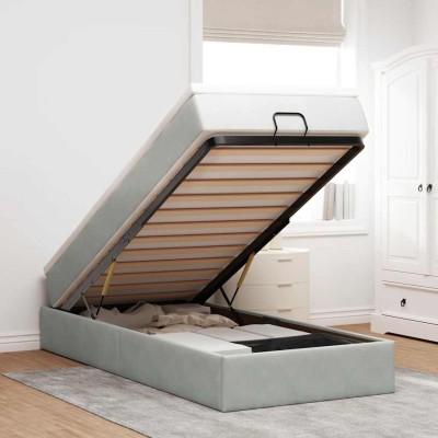 Estructura cama otomana colchón terciopelo gris claro 90x200cm