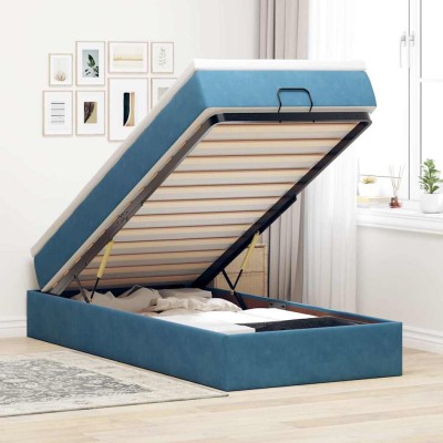 Estructura de cama otomana colchón terciopelo azul oscuro