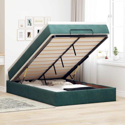 Estructura cama otomana colchón terciopelo verde oscuro