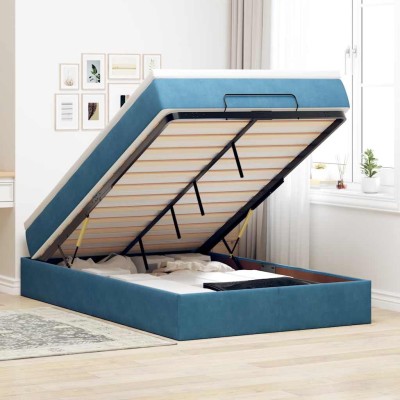 Estructura de cama otomana colchón terciopelo azul oscuro