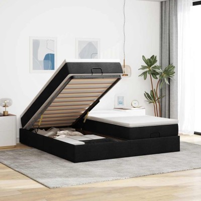 Estructura de cama otomana con colchones tela negra 200x200cm