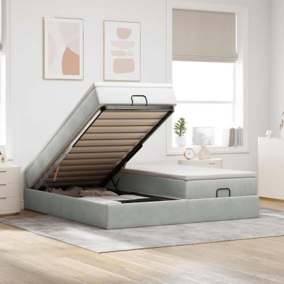 Estructura cama otomana colchones terciopelo gris claro