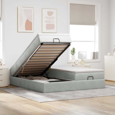 Estructura cama otomana colchones terciopelo gris claro