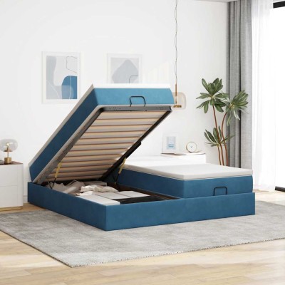 Estructura de cama otomana colchones terciopelo azul oscuro