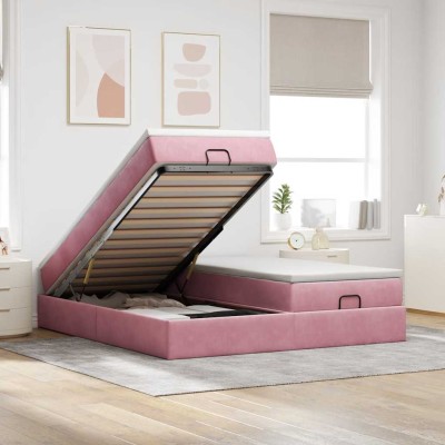 Estructura de cama otomana colchones terciopelo rosa 200x200cm