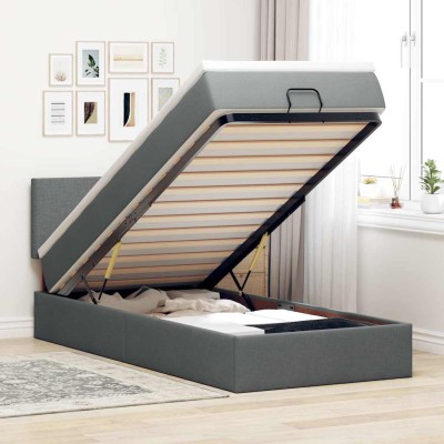 Cama otomana con colchón gris oscuro 90x200 cm tela