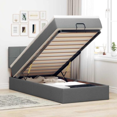 Cama otomana con colchón gris oscuro 90x200 cm tela