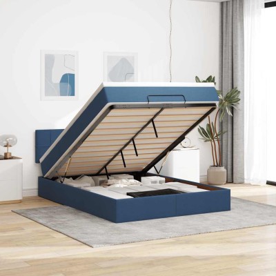 Estructura de cama otomana colchón tela azul pardo 140x200cm