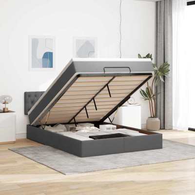 Cama otomana con colchón gris oscuro 140x190 cm tela