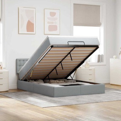 Estructura cama otomana colchón tela gris claro 140x200cm