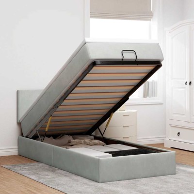 Estructura cama otomana colchón terciopelo gris claro 80x200cm