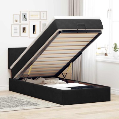 Estructura cama otomana colchón terciopelo negro 90x200 cm