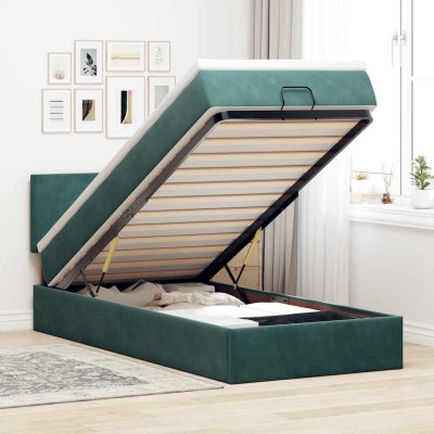 Estructura de cama otomana con colchón terciopelo verde oscuro