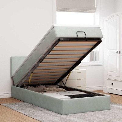 Estructura cama otomana colchón terciopelo gris claro 100x200cm