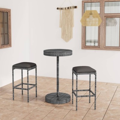 Set muebles bar jardín 3 piezas y cojines ratán sintético gris