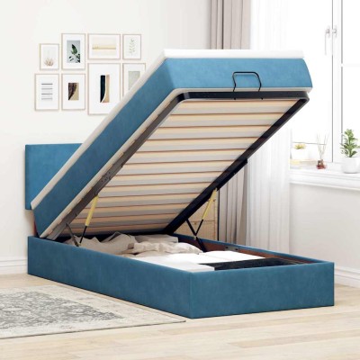 Estructura de cama otomana colchón terciopelo azul oscuro