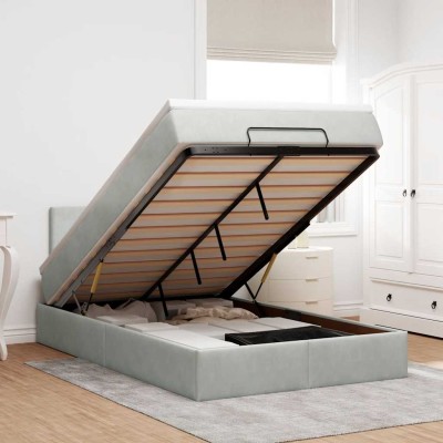 Estructura cama otomana colchón terciopelo gris claro 120x200cm