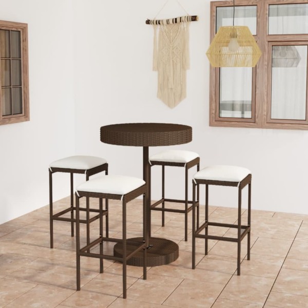Set de bar para jardín 5 pzas y cojines ratán sintético marrón