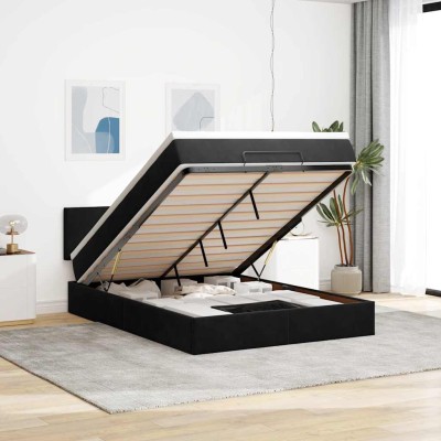 Estructura cama otomana colchón terciopelo negro 140x200cm