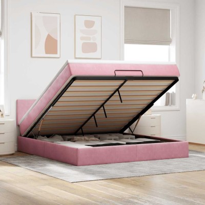 Estructura cama otomana con colchón terciopelo rosa 180x200 cm
