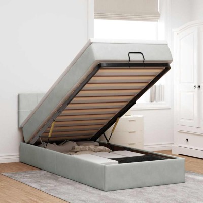 Estructura cama otomana colchón terciopelo gris claro 80x200cm