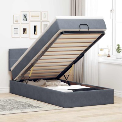 Estructura cama otomana colchón terciopelo gris oscuro