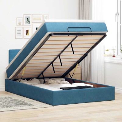 Estructura de cama otomana colchón terciopelo azul oscuro