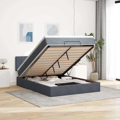 Estructura cama otomana colchón terciopelo gris oscuro