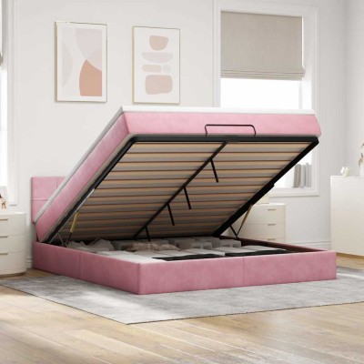 Estructura cama otomana con colchón terciopelo rosa 180x200 cm