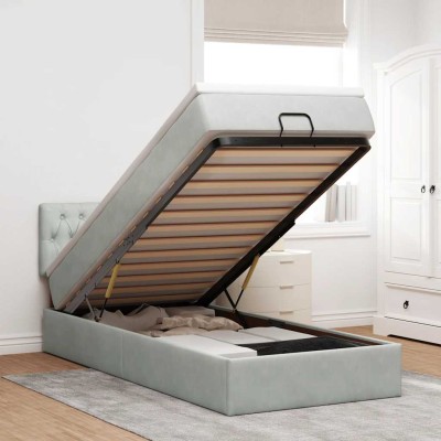 Estructura cama otomana colchón terciopelo gris claro 80x200cm