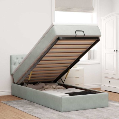Estructura cama otomana colchón terciopelo gris claro 90x200cm
