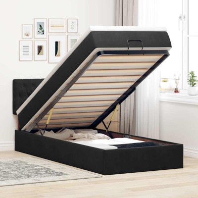 Estructura cama otomana colchón terciopelo negro 90x200 cm