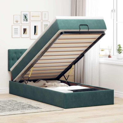 Estructura de cama otomana con colchón terciopelo verde oscuro
