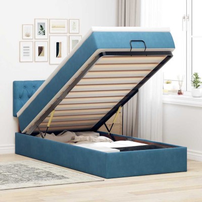 Estructura de cama otomana colchón terciopelo azul oscuro
