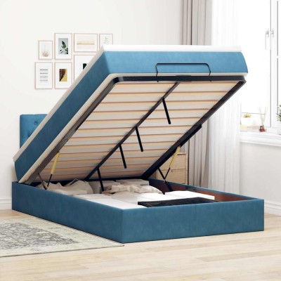 Estructura de cama otomana colchón terciopelo azul oscuro
