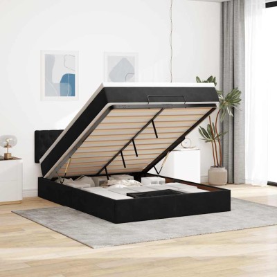 Estructura cama otomana colchón terciopelo negro 140x200cm