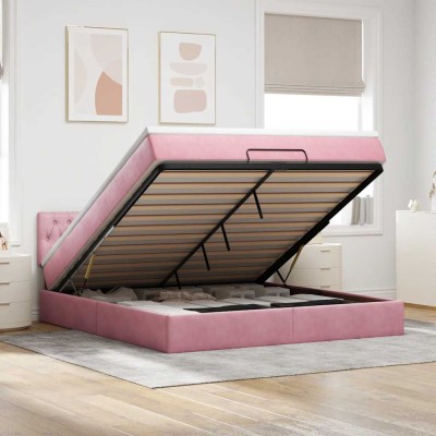 Estructura cama otomana con colchón terciopelo rosa 180x200 cm