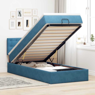 Estructura de cama otomana colchón terciopelo azul oscuro