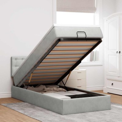 Estructura cama otomana colchón terciopelo gris claro 100x200cm