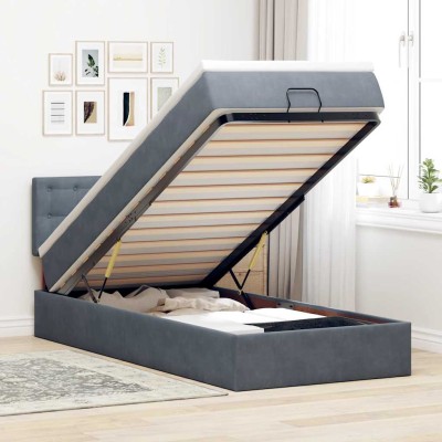Estructura cama otomana colchón terciopelo gris oscuro