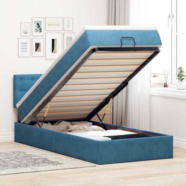 Estructura de cama otomana colchón terciopelo azul oscuro