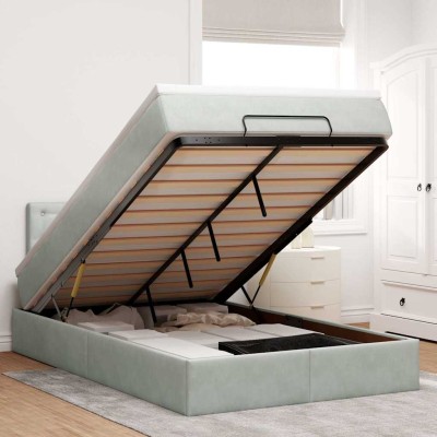 Estructura cama otomana colchón terciopelo gris claro 120x200cm