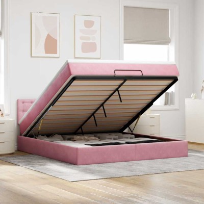 Estructura cama otomana con colchón terciopelo rosa 180x200 cm